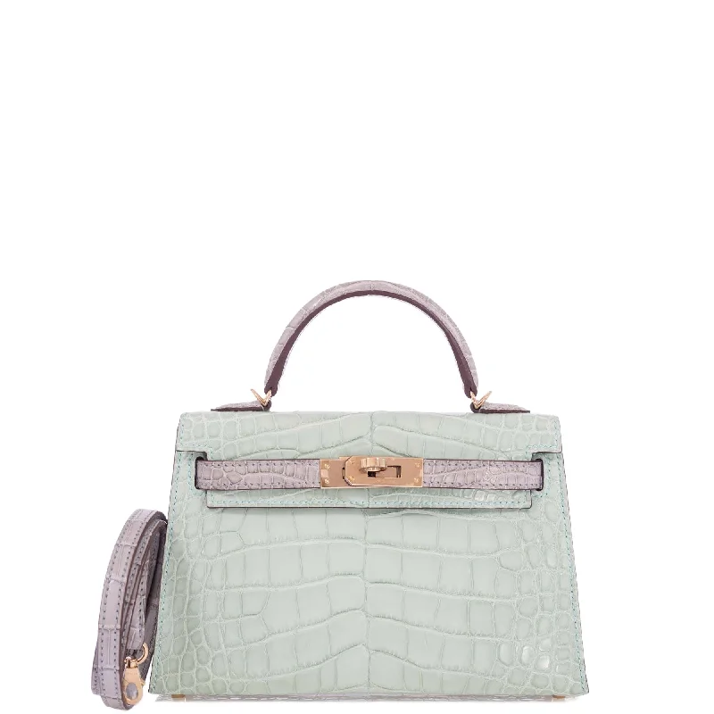 Hermès Kelly Bags with palladium - toned hardware for a modern aestheticHermès Kelly 20 HSS Mini II Sellier Vert D'eau and Gris Perle Matte Alligator Permabrass Hardware