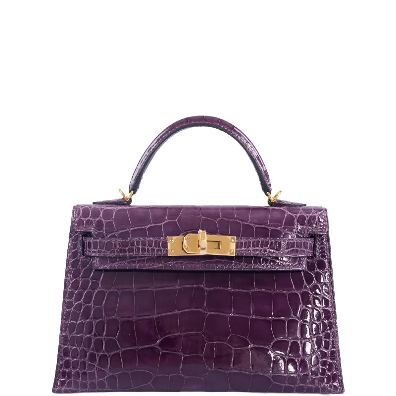 Hermès Kelly Bags with palladium - toned hardware for a modern aestheticHermès Kelly 20 Mini Sellier Amethyst Shiny Alligator with Gold Hardware