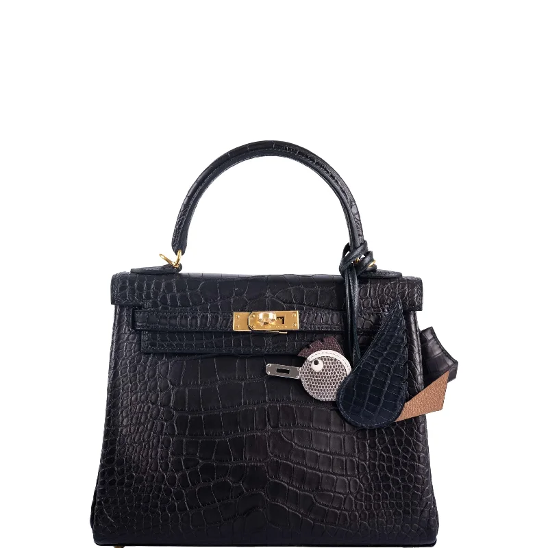 Medium - sized Hermès Kelly Bags in Taurillon Clemence leather for durabilityHermès Kelly 25 Retourne Matte Black Alligator Gold Hardware