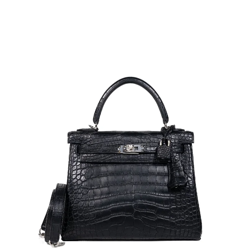 Hermès Kelly Bags with palladium - toned hardware for a modern aestheticHermès Kelly 25 Retourne Matte Black Alligator Palladium Hardware