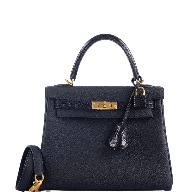 Hermès Kelly Bags with a magnetic - snap closure for easy accessHermès Kelly 25 Retourne Touch Black Lizard & Togo Gold Hardware