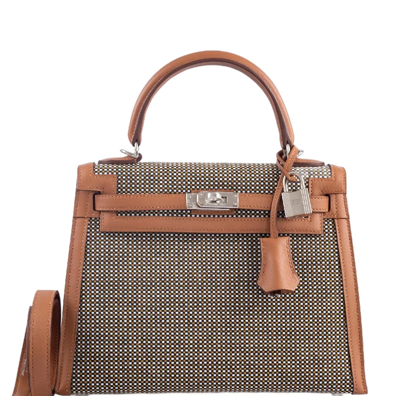 Hermès Kelly Bags with a braided leather handle for a bohemian touchHermès Kelly 25 Sellier Quadrille Sesame Swift and Canvas Palladium Hardware