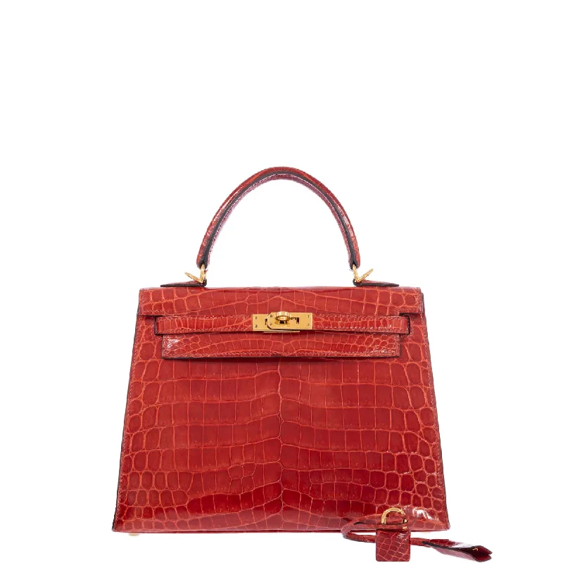 Medium - sized Hermès Kelly Bags in Taurillon Clemence leather for durabilityHermès Kelly 25 Sellier Geranium Shiny Alligator Gold Hardware