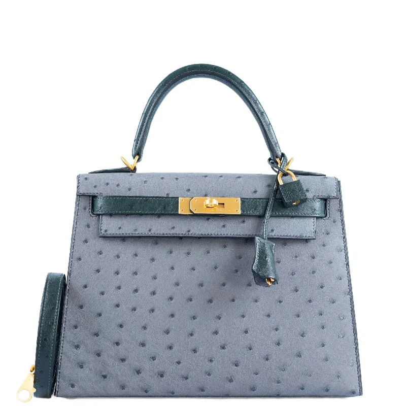 Hermès Kelly Bags with a double - handle option for easy carryingHermès Kelly 28 HSS Sellier Gris Agate and Vert Titien Ostrich Brushed Gold Hardware