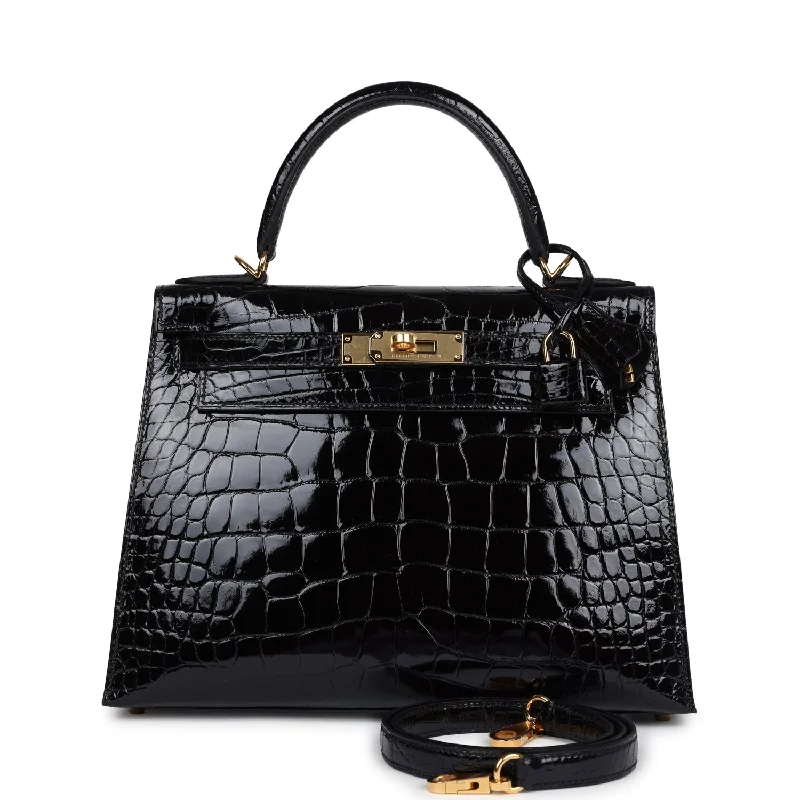 Hermès Kelly Bags with a double - handle option for easy carryingHermes Kelly Sellier 28 Black Shiny Alligator Gold Hardware