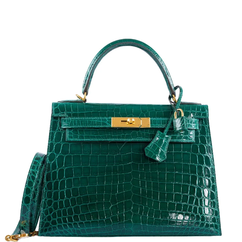 Medium - sized Hermès Kelly Bags in Taurillon Clemence leather for durabilityHermès Kelly 28 Sellier Emerald Shiny Nilo Crocodile Gold Hardware