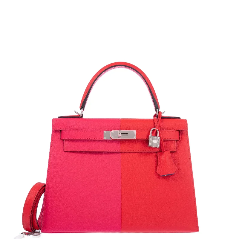 Hermès Kelly Bags in a neutral camel color for a versatile styleHermès Kelly 28 Sellier Tri-Color Casaque, Rouge Coeur, Rose Extreme, Bleu Zanzibar Epsom Palladium