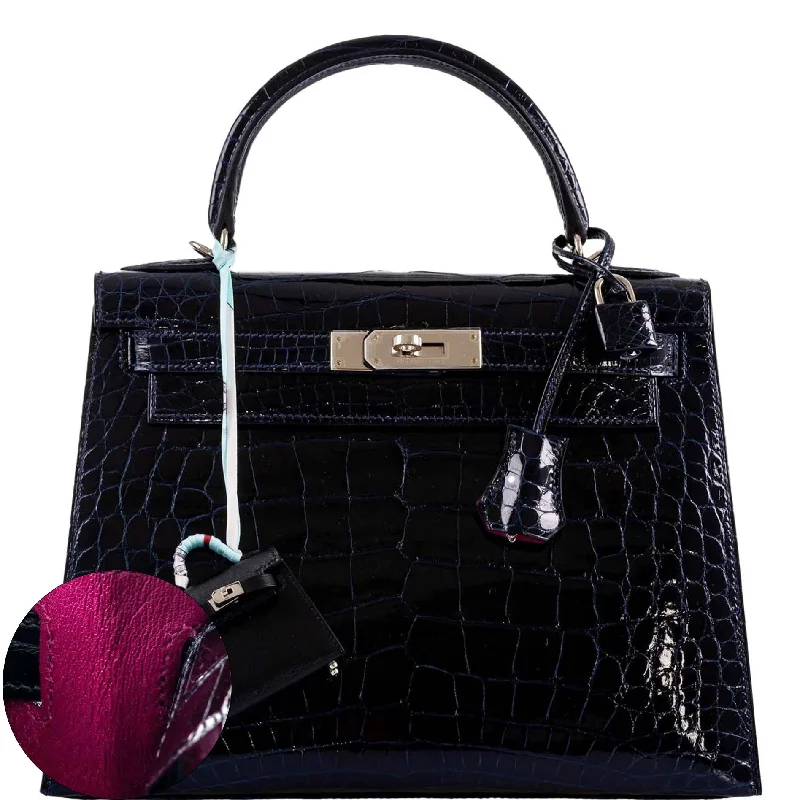 Hermès Kelly Bags with a crystal - embellished turnlock for added luxuryHermès Hermès Verso Kelly 28 Sellier Shiny Bleu Marine Nilo Crocodile and Rose Scheherazade Palladium Hardware