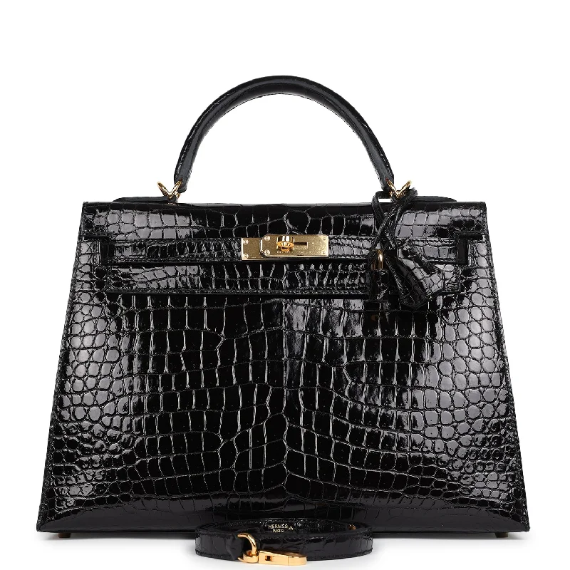 Hermès Kelly Bags with a flap - over closure and turnlock for a classic lookHermes Kelly Sellier 32 Black Shiny Porosus Crocodile Gold Hardware