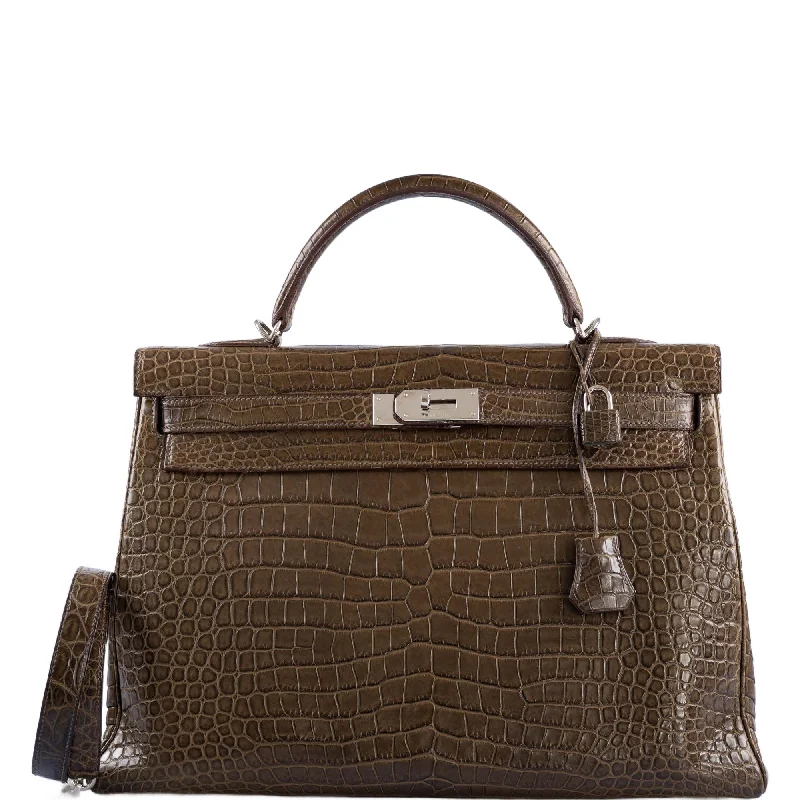 Hermès Kelly Bags with a braided leather handle for a bohemian touchHermès Kelly 40 Retourne Gris Elephant Matte Porosus Crocodile Palladium Hardware