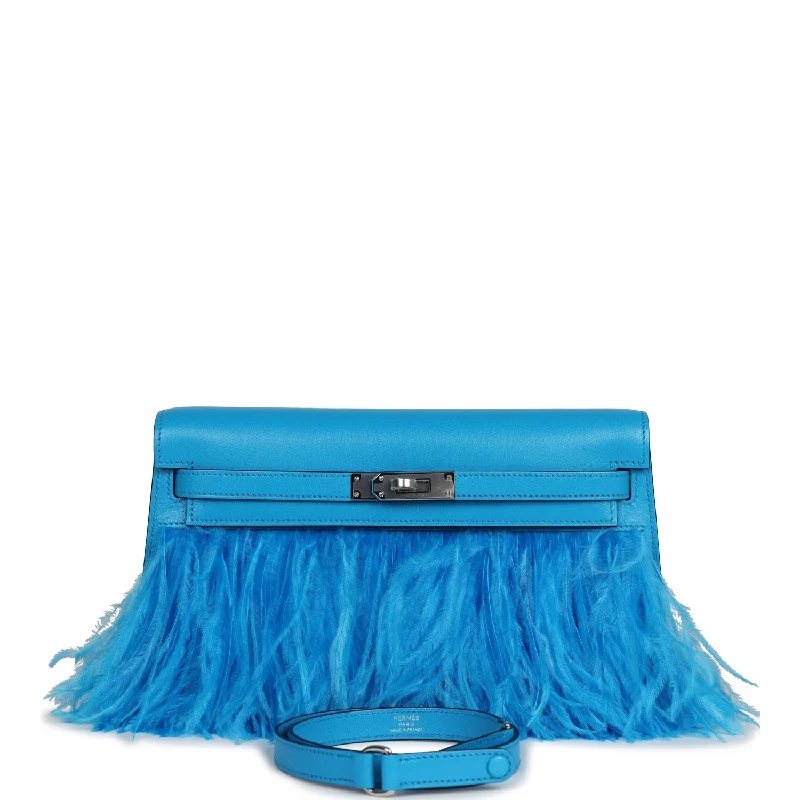 Medium - sized Hermès Kelly Bags in Taurillon Clemence leather for durabilityHermes Kelly Elan Foile Bleu Frida Chevre Chamkila and Ostrich Feathers Palladium Hardware