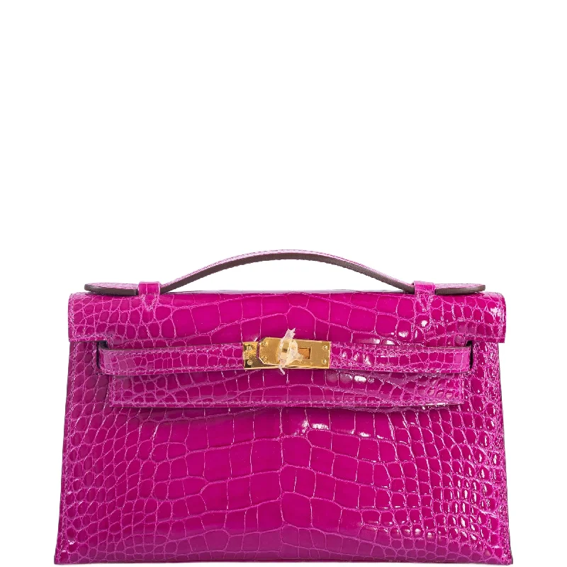 Hermès Kelly Bags in a neutral camel color for a versatile styleHermès Kelly Pochette Rose Scheherazade Shiny Alligator Gold Hardware