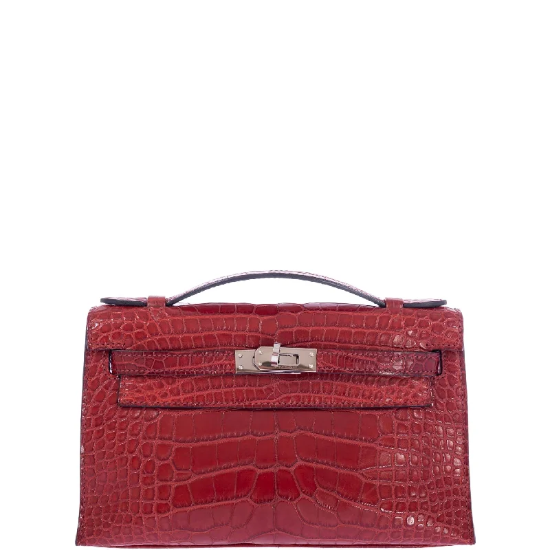 Hermès Kelly Bags with a snap - fastened front pocket for convenienceHermès Kelly Pochette Rouge H Matte Alligator Palladium Hardware