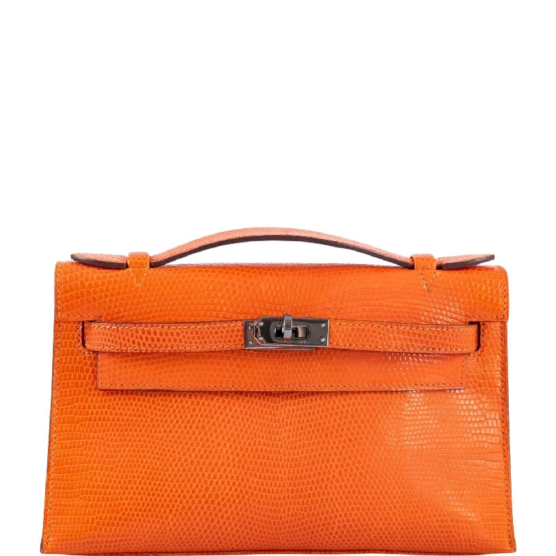 Hermès Kelly Bags with a leather - wrapped turnlock for added eleganceHermès Kelly Pochette Tangerine Nilo Lizard with Ruthenium Hardware