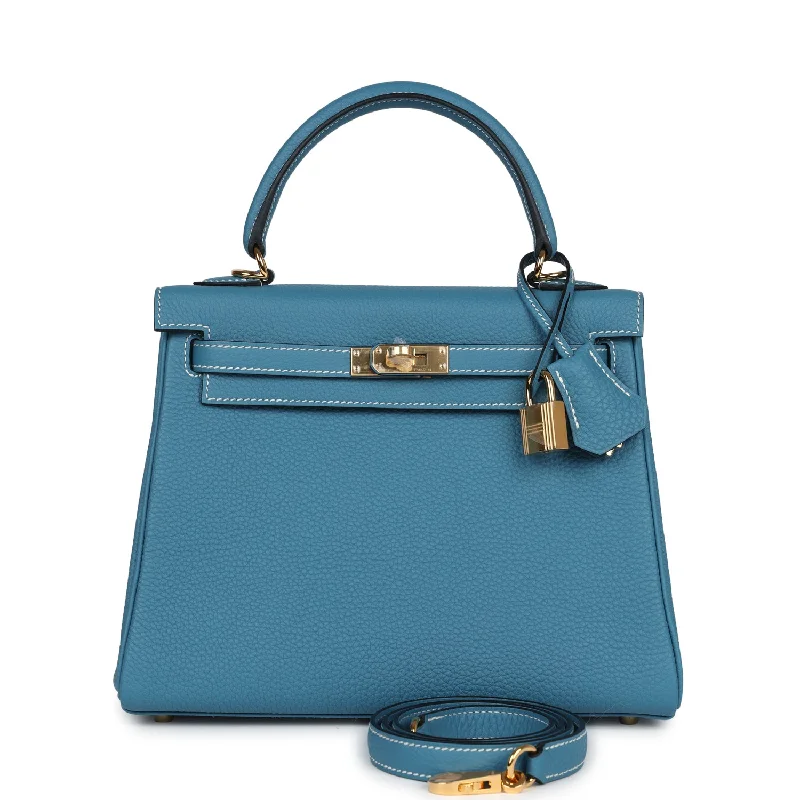 Hermès Kelly Bags with a double - handle option for easy carryingHermes Kelly Retourne 25 Blue Jean Togo Gold Hardware