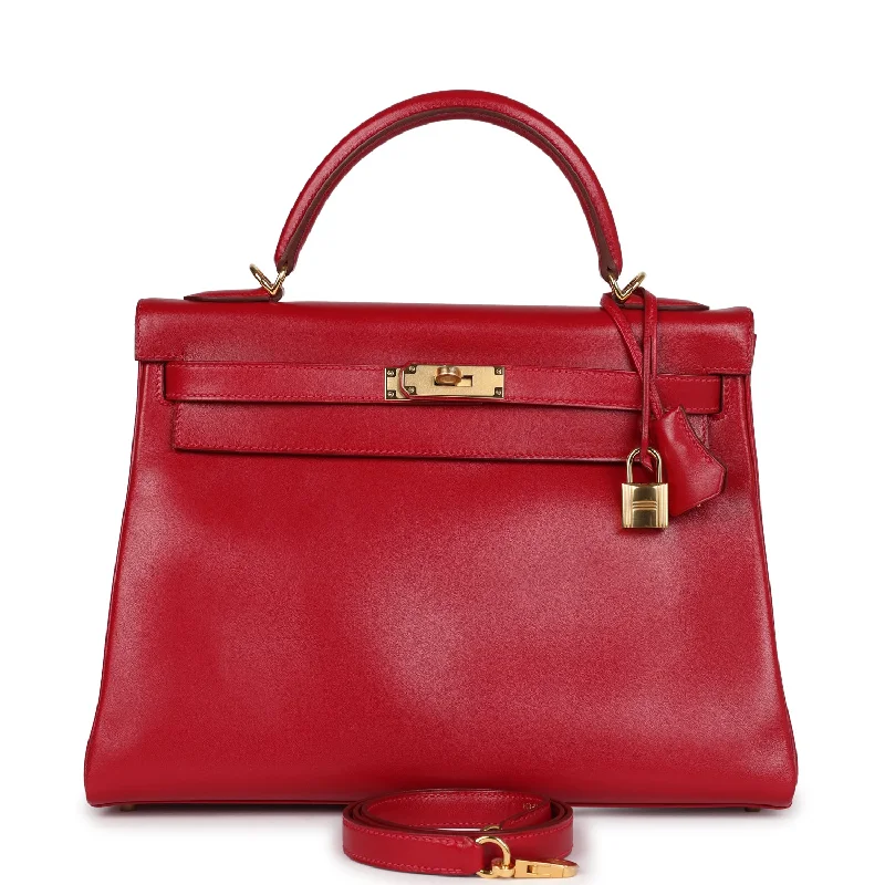 Hermès Kelly Bags with a braided leather handle for a bohemian touchHermes Kelly Retourne 32 Rouge Vif Tadelakt Gold Hardware