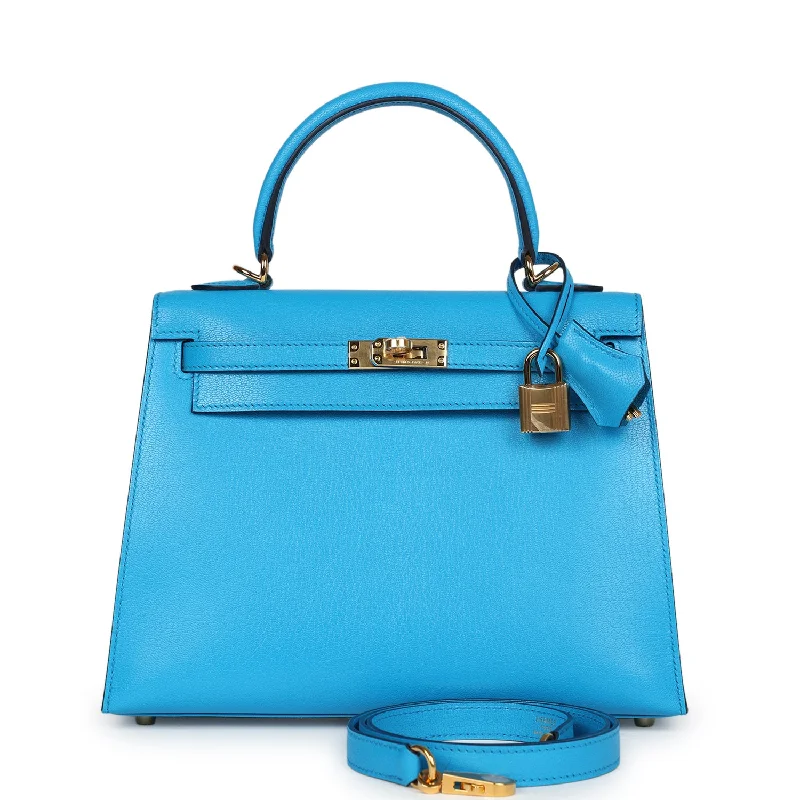 Hermès Kelly Bags with a single - handle design for simplicityHermes Kelly Sellier 25 Bleu Frida Chevre Gold Hardware