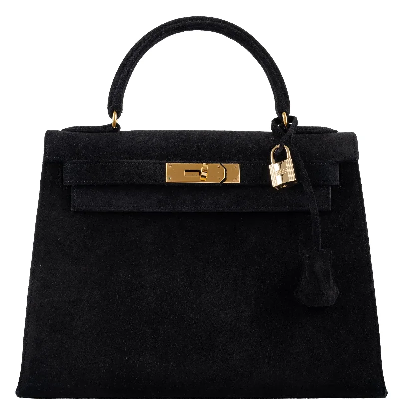 Hermès Kelly Bags with a double - handle option for easy carryingHermès Kelly 28 Sellier Black Doblis Suede Gold Hardware