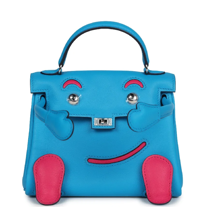 Hermès Kelly Bags with palladium - toned hardware for a modern aestheticHermes "Quelle Idolle" Kelly Doll Bleu Frida and Rose Extreme Swift Palladium Hardware