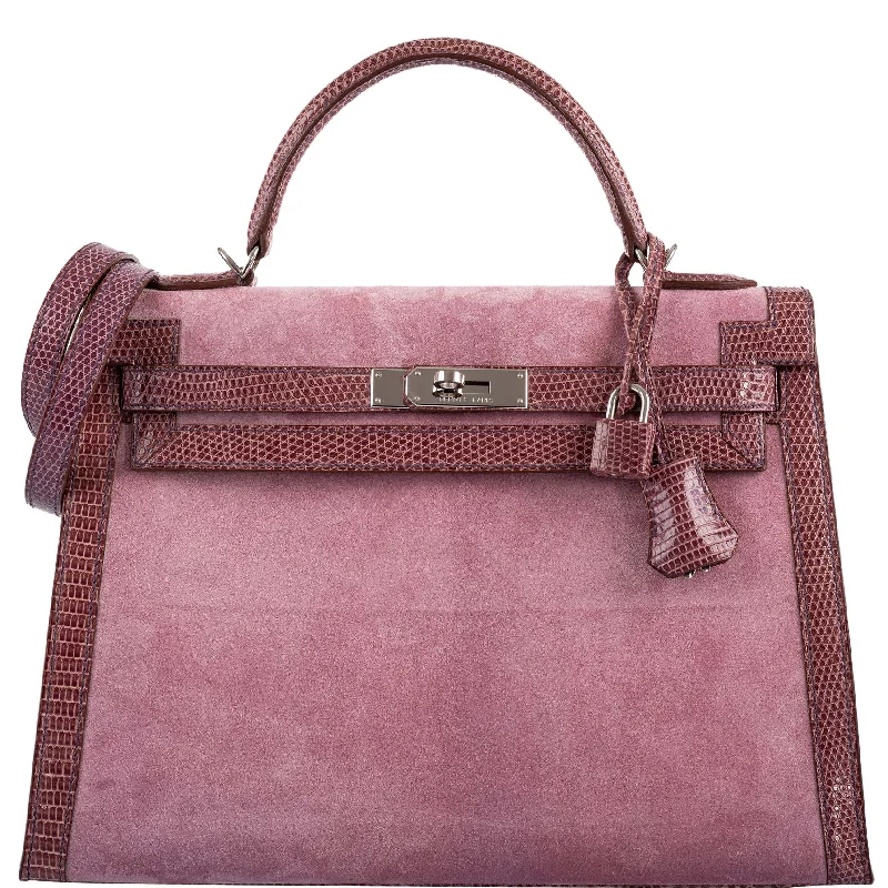 Small - sized Hermès Kelly Bags in Epsom leather for a structured lookHermès HSS Kelly 32 Sellier Mauve Lizard and Rose Indienne Doblis Suede Palladium Hardware