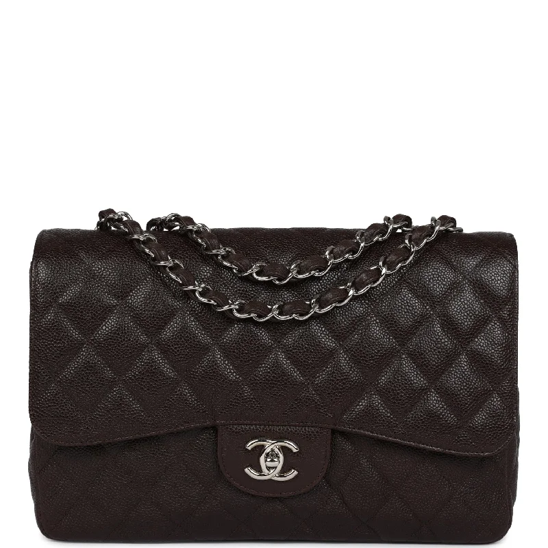 Chanel bags available in bold colors and patternsPre-owned Chanel Jumbo Classic Single Flap Dark Brown Caviar Silver Hardware