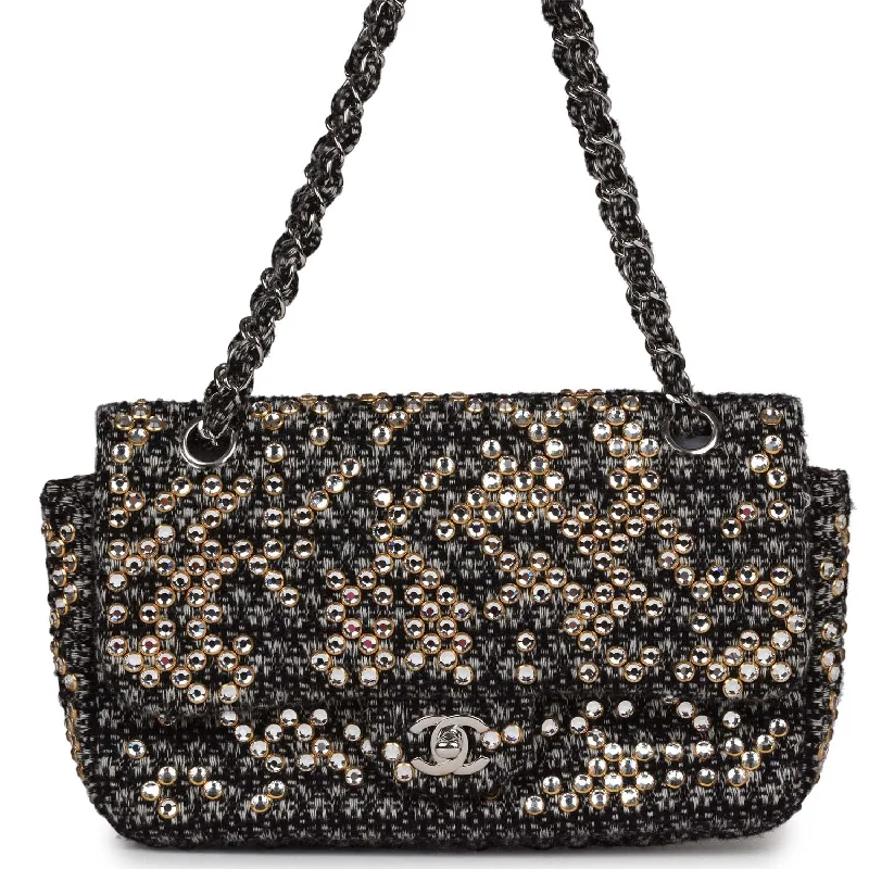 Chanel Classic Flap Bag for Evening PartyPre-owned Chanel Medium Single Flap Black and White Tweed With Crystals Silver Hardware