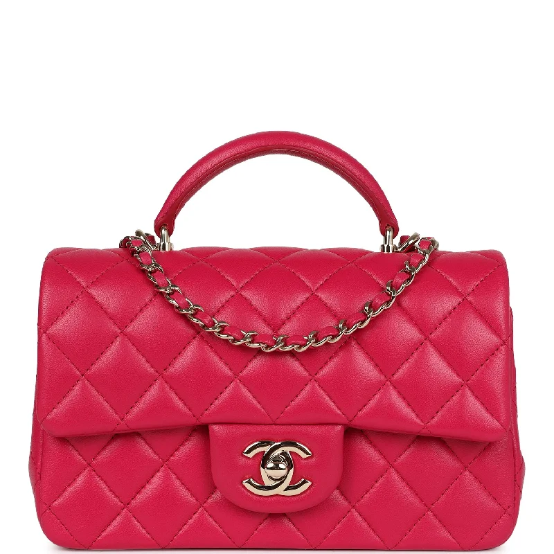 Chanel Quilted Leather Shoulder Bag for FashionistasPre-owned Chanel Mini Top Handle Rectangular Flap Bag Fuchsia Lambskin Light Gold Hardware