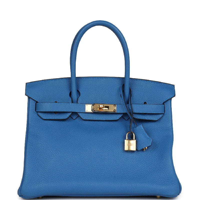 Hermès Kelly Bags in a vibrant electric blue for a pop of colorHermes Birkin Bags with a Detachable Mirror Pocket InsidePre-owned Hermes Birkin 30 Mykonos Clemence Gold Hardware