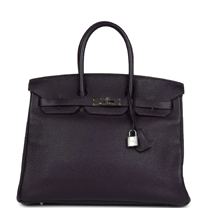 Hermès Kelly Bags with a double - handle option for easy carryingHermes Birkin Bags with a Hand - Painted Monogram DesignPre-owned Hermes Birkin 35 Raisin Clemence Palladium Hardware