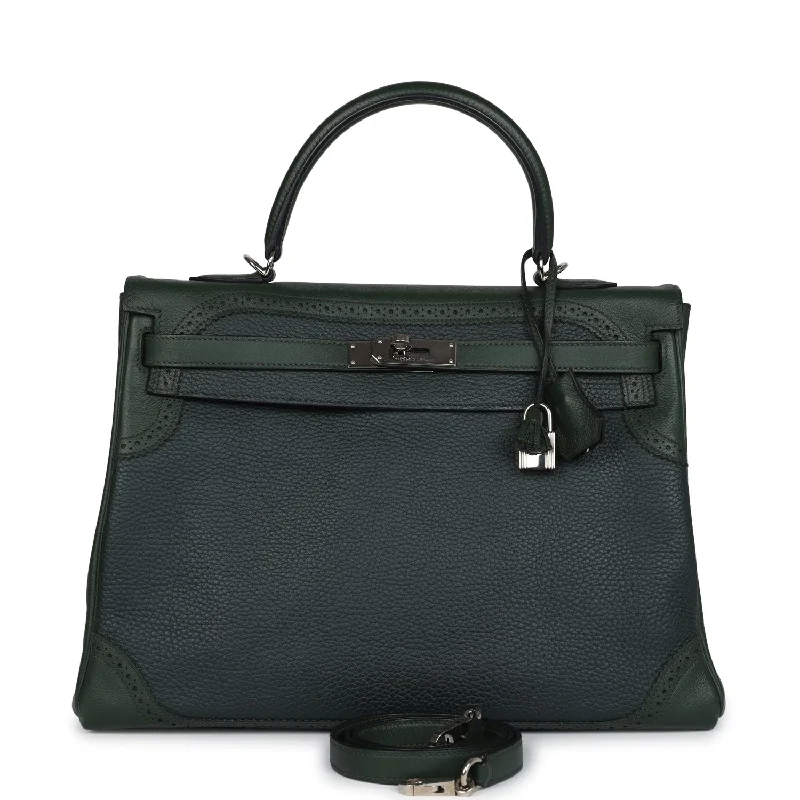 Hermès Kelly Bags with a hand - burnished edge finish for a vintage charmPre-owned Hermes Ghillies Kelly 35 Retourne Vert Fonce Clemence and Vert Anglais Evercolor Palladium Hardware