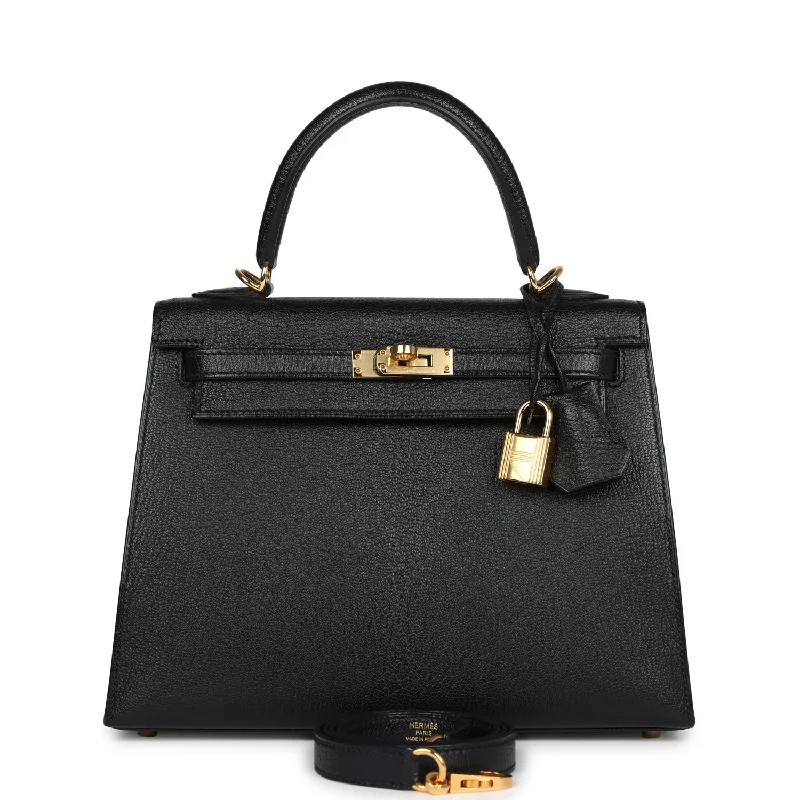 Hermès Kelly Bags with a leather - wrapped turnlock for added elegancePre-owned Hermes Kelly Sellier 25 Black Chevre Mysore Gold Hardware