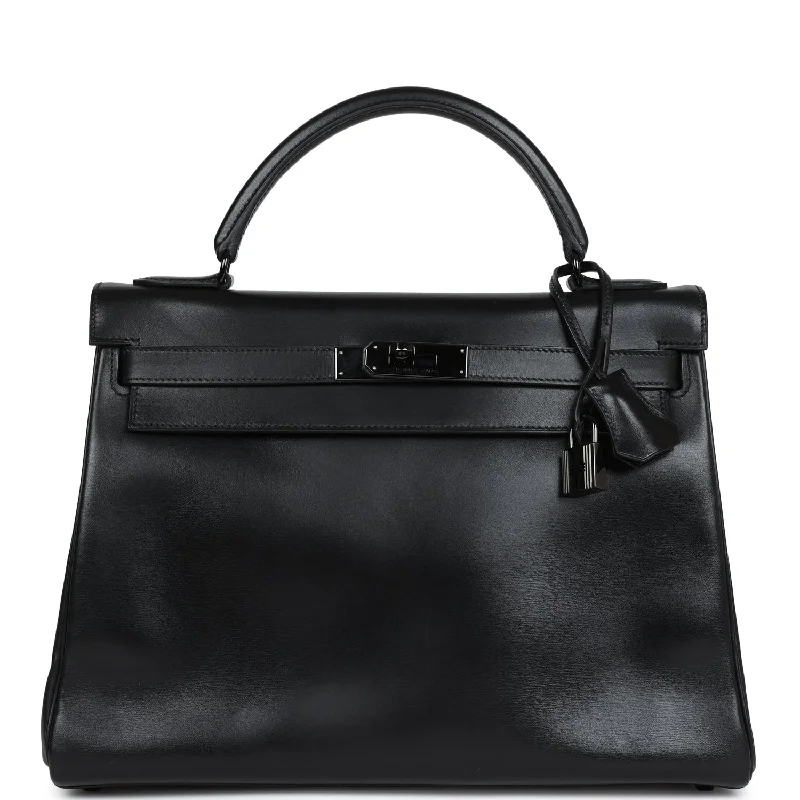 Hermès Kelly Bags with a hand - burnished edge finish for a vintage charmPre-owned Hermes Rare Kelly Retourne 32 SO BLACK Box Black Hardware