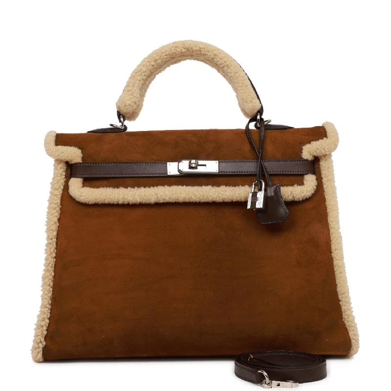 Hermès Kelly Bags made of exotic alligator leather for ultimate luxuryPre-owned Hermes Teddy Kelly 35 Shearling and Ebene Barenia Palladium Hardware