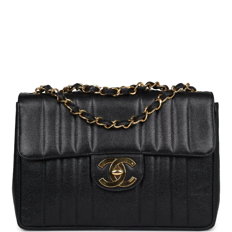 Chanel bags with classic and elegant designsVintage Chanel XL Jumbo Mademoiselle Vertical Flap Black Caviar Gold Hardware