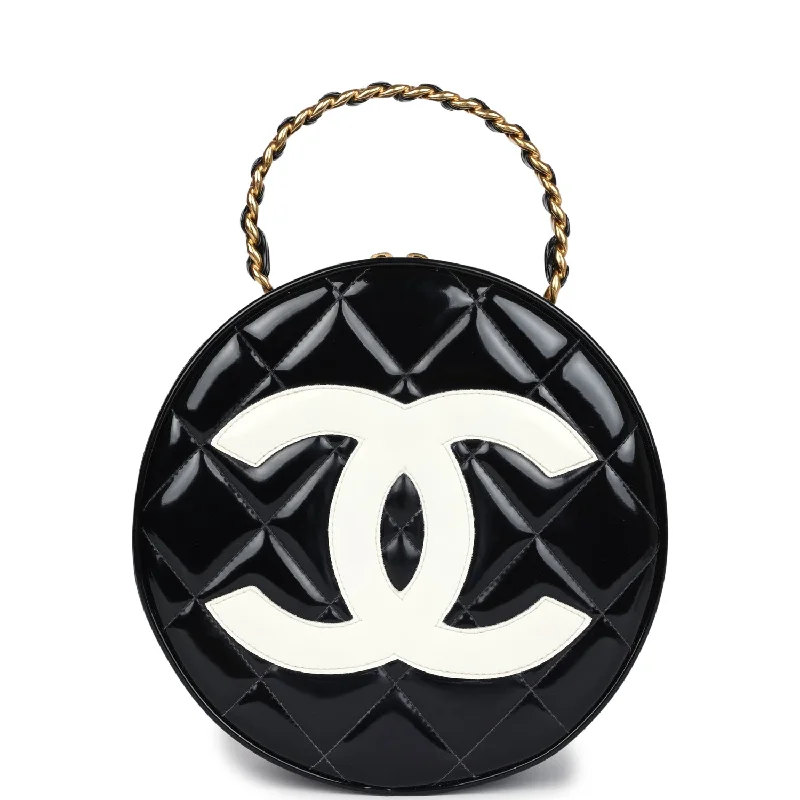 Chanel Colorful Handbag for Spring OutfitsVintage Chanel Round Vanity Bag Black and White Patent Leather Antique Gold Hardware