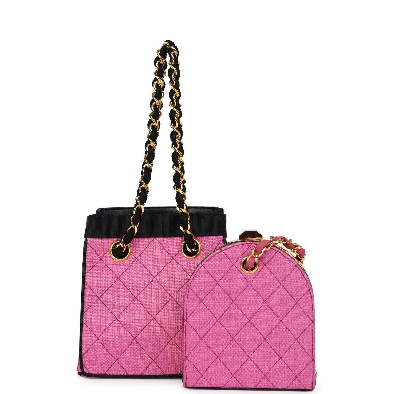 Chanel bags with classic and elegant designsVintage Chanel Set of Two Mini Bucket Bag & Oval Handbag Pink and Black Raffia Gold Hardware