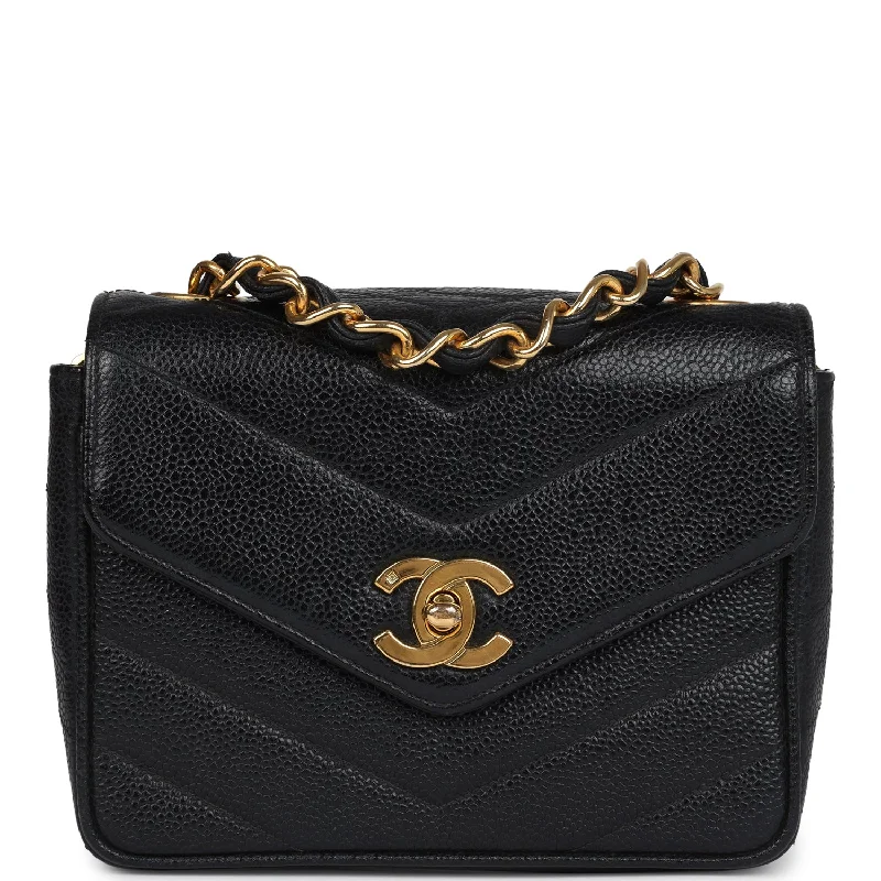 Chanel bags with exclusive seasonal releasesVintage Chanel Square Chevron Envelope Flap Bag Black Caviar Gold Hardware