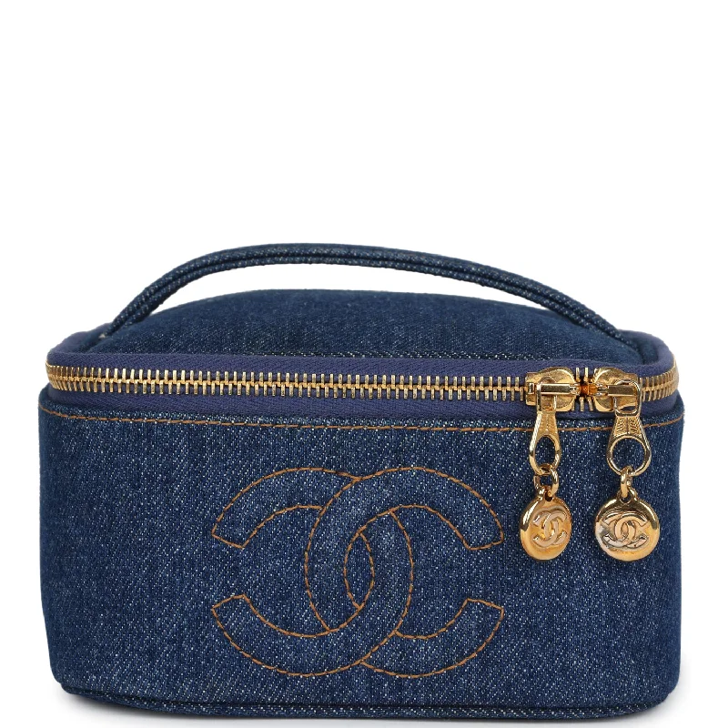 Chanel bags with intricate metal hardwareVintage Chanel Square Vanity Case Dark Blue Denim Gold Hardware