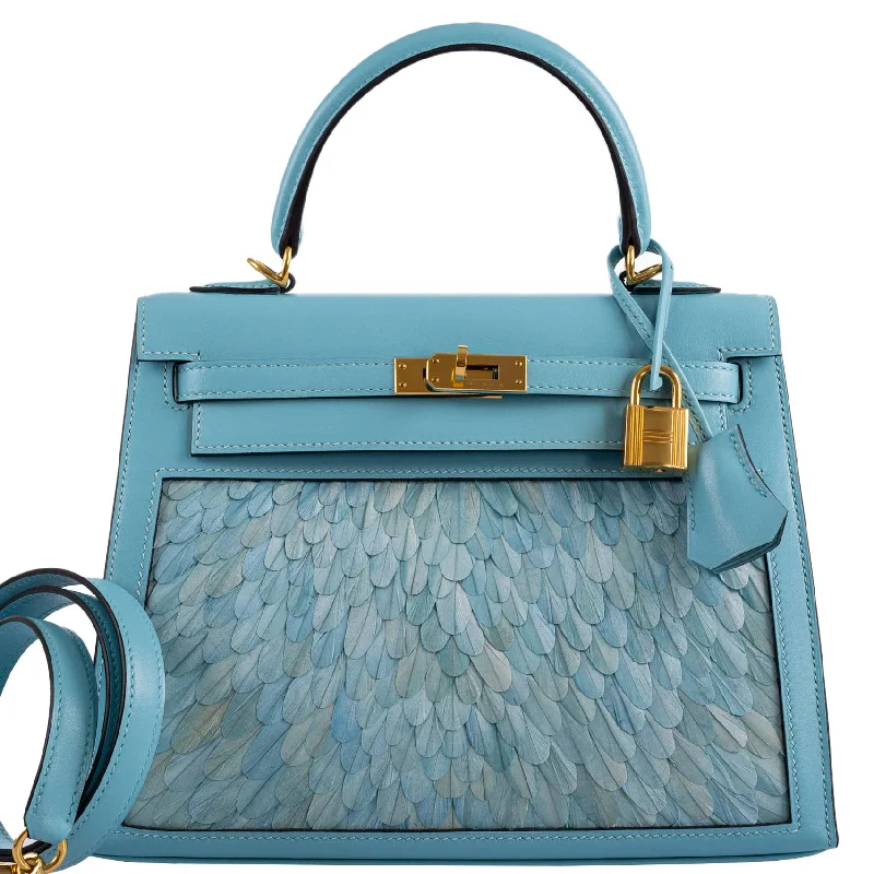 Hermès Kelly Bags in a vibrant electric blue for a pop of colorVintage Hermès Kelly 25 Sellier Blue Atoll Tadelakt with Custom Feather Panel Gold Hardware