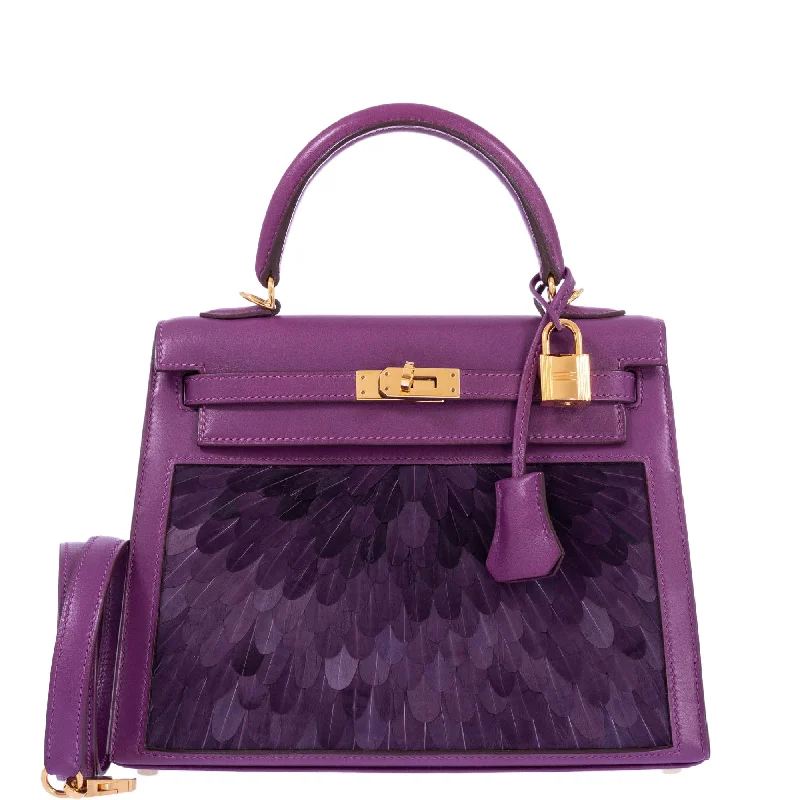 Hermès Kelly Bags with a decorative tassel charmVintage Hermès Kelly 25 Sellier Violet Custom Feather Tadelakt Leather Gold Hardware