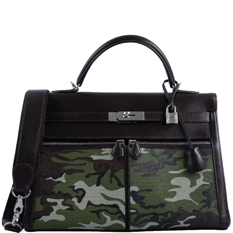 Hermès Kelly Bags with a contrast - colored interior liningVintage Hermès Kelly Lakis 35 Chocolate Box & Toile Camouflage Painting Palladium Hardware