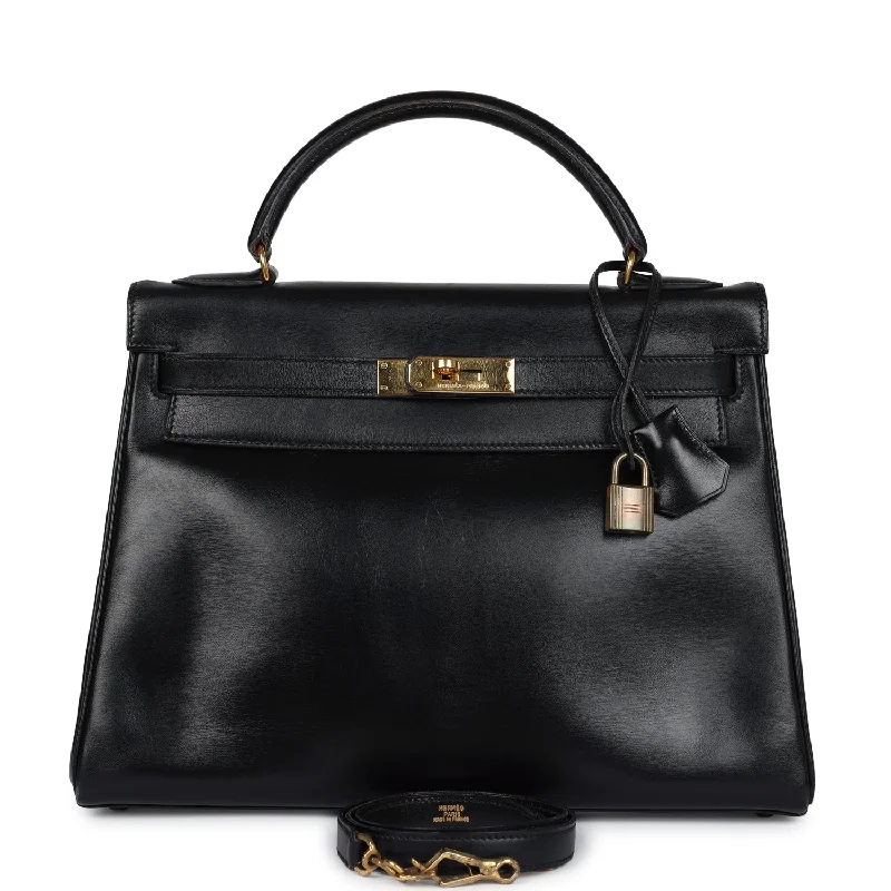 Hermès Kelly Bags with a snap - fastened front pocket for convenienceVintage Hermes Kelly Retourne 32 Black Box Gold Hardware