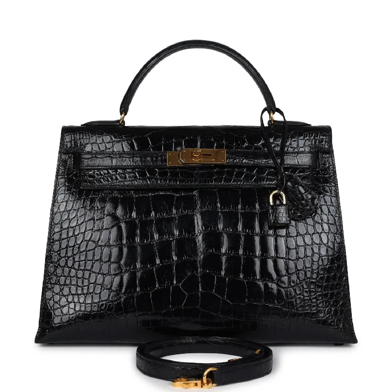 Hermès Kelly Bags with a key - lock and keychain setHermes Vintage Kelly Sellier 32 Black Shiny Alligator Gold Hardware