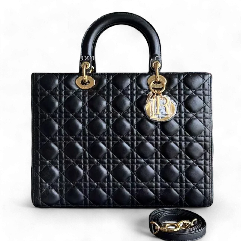 Stylish Christian Dior shoulder bags with a tassel - adorned zipperDior Lady Large - Cannage Lambskin Black Gold Hardware