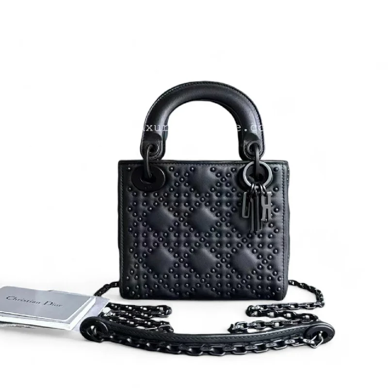 Christian Dior bags with a zip - top closure and multiple compartmentsDior Lady Mini - Cannage Studded All Black Shoulder Bag