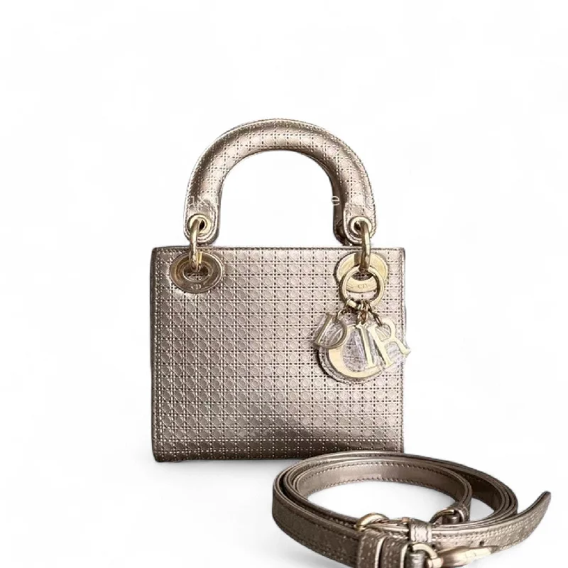 Christian Dior Saddle bags with a distressed leather finishDior Lady Mini - Metallic Micro-Cannage Glazed Calfskin Gold Hardware Chain Strap