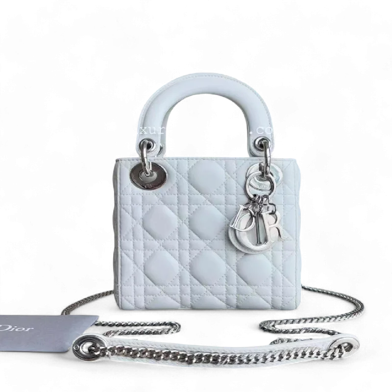 Contemporary Christian Dior handbags with a unique shapeDior Lady Mini Cannage Lambskin White Silver Hardware