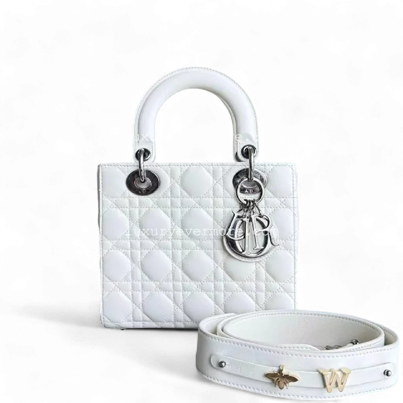 Christian Dior handbags with a snap - button closure and a decorative buckleDior Lady Small ABC MyABC Cannage Lambskin White Silver Hardware Shoulder Bag