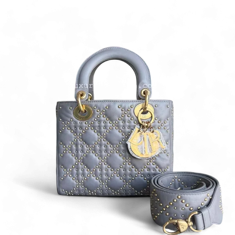 Christian Dior Saddle bags with a patent leather finish for a shiny lookDior Small Lady Shoulder Bag - Studded Cannage Grey Gray Golden Hardware